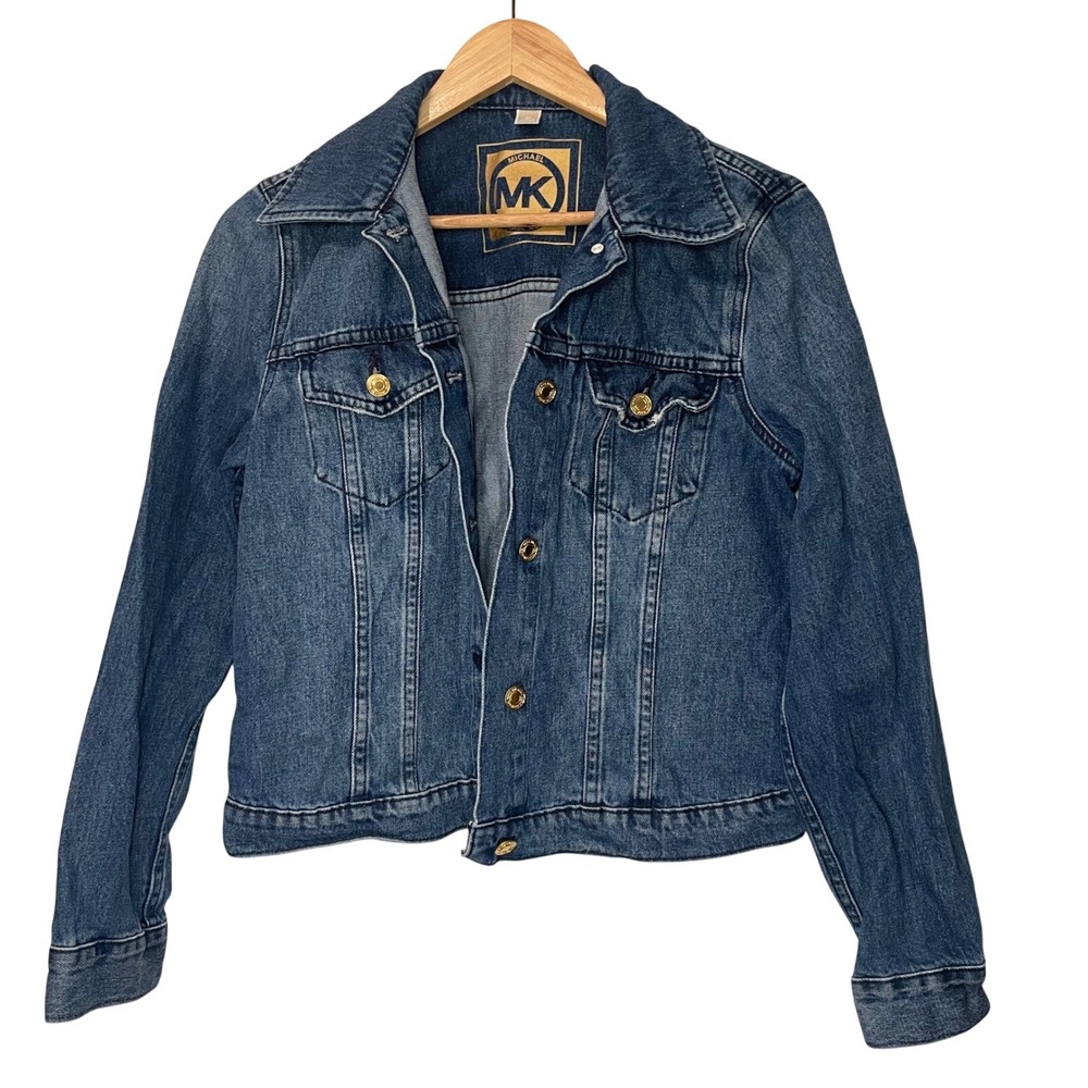 Michael Kors MK Denim Jacket Womens Medium Blue Gold‎ Logo Button Trucker Style
